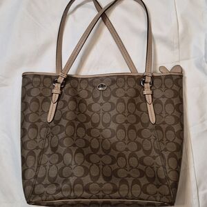 Coach Brown Signature Canvas Tote with Pale Pink Leather Straps